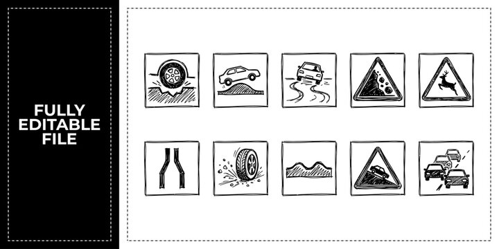Black ink scribble mountain rescue and nature warning icon set bundle featuring hand drawn doodle sketch vector illustrations for outdoor hiking safety and environmental protection.