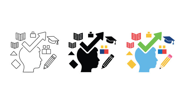 Comprehensive knowledge acquisition and intellectual development vector of a human head with a graduation cap books pencil and upward checkmark arrow