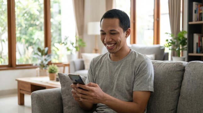 Smiling happy young Indonesian man holding cell mobile phone using smartphone sitting at home on couch, scrolling social media, checking financial apps, buying online, texting messages.