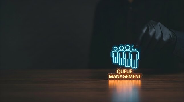 Business professional managing customer queue with neon sign concept on wooden office table