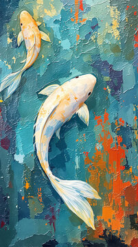 An artistic depiction of the movement of white koi fish in a pond.