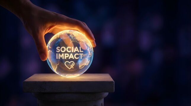 Human hand placing glowing social impact globe on stone pedestal for global charity