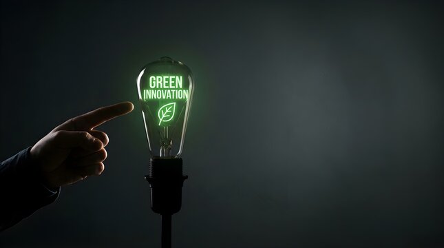 Human finger pointing at glowing light bulb with green innovation leaf icon for sustainable energy solutions