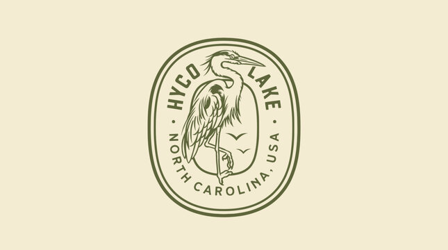 Vintage rustic Great Blue Heron emblem for Hyco Lake North Carolina, retro engraving style vector badge for outdoor souvenir t-shirt design