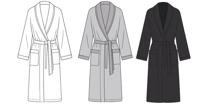 Bathrobe vector illustration, long‑sleeve garment design, shawl collar clothing sketch, belted waist fashion outline, pocket detail apparel drawing, stylish flat vector illustration