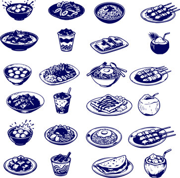 Indonesian Traditional Snacks & Street Food &mdash; Line Art Vector Collection, Isolated on White