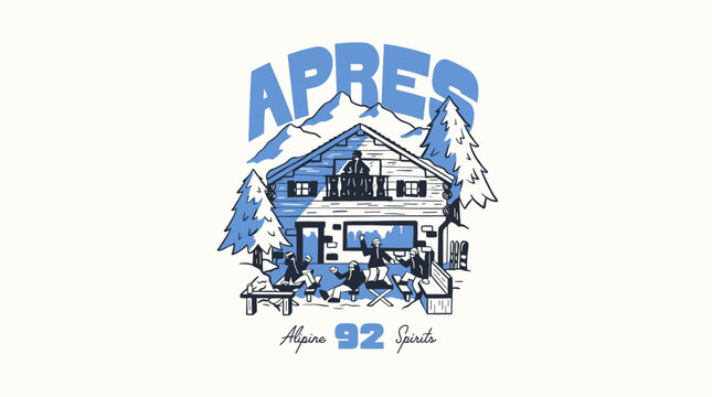 Retro vintage alpine skiers relaxing outside a mountain chalet, flat vector graphic illustration for t-shirt design and winter apparel branding