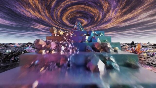Vibrant Bismuth Crystal Formation Ascending into Swirling Sky Tunnel