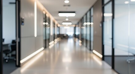 Fototapeta premium Modern office hallway perspective with glass doors and bright interior
