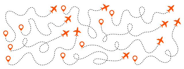 Orange airplane flight routes and location pins vector graphic © Anastasiia