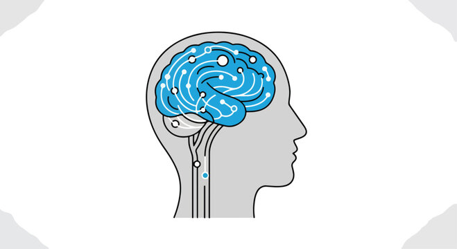 Artificial intelligence brain concept vector, digital neural network inside human head profile, blue glowing mind circuitry for machine learning