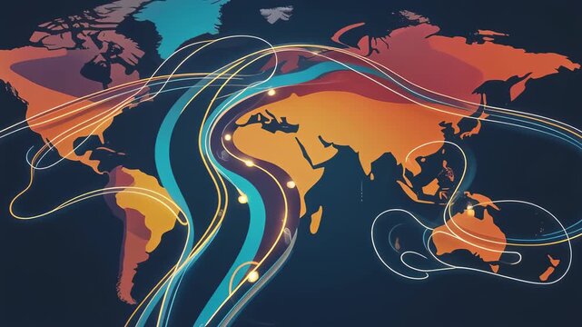 Airline Route Map Visualization Showing Elegant Flight Curves Connecting Global Hubs in Corporate Branding Colors