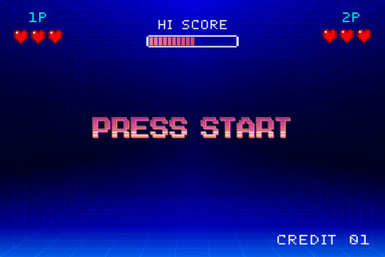 PRESS START. pixel art 8 bit. Retro Futurism Sci-Fi Background. glowing neon grid and stars from vintage arcade computer games