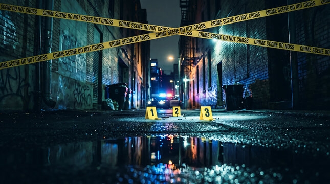 Crime scene at night with police tape and evidence markers collecting evidence for detective concepts