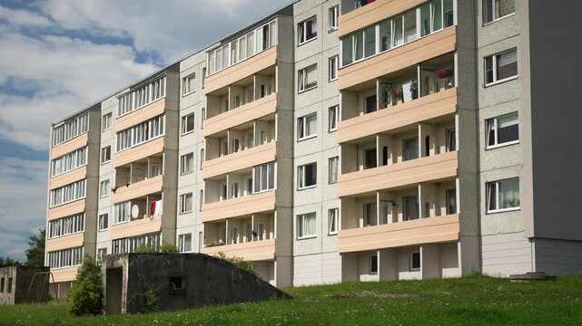 Soviet era panel residential apartment buildings.