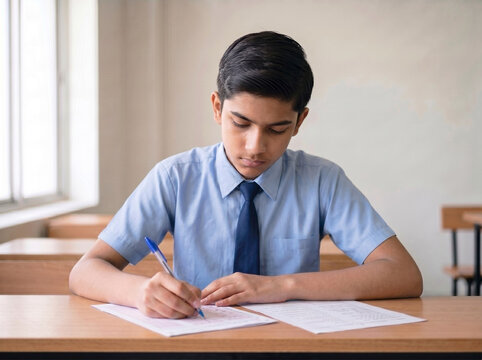 young indian schoolboy appearing for board examination in classroom with academic achievement and learning concept