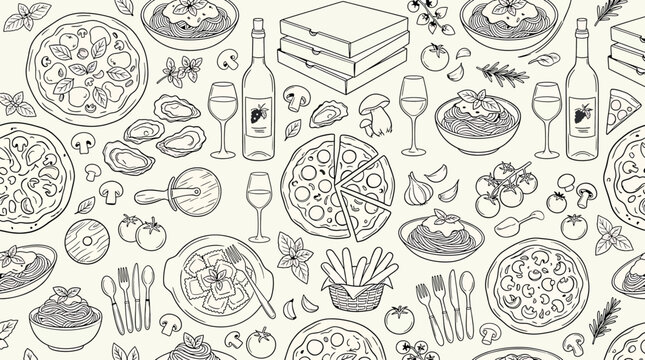 Seamless pattern with italian food, pizza, pasta, wine and ingredients
