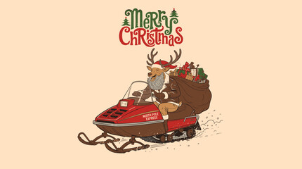 Vintage whimsical reindeer riding a red snowmobile with a sack of gifts, retro graphic illustration for holiday apparel and greeting cards © brutalism studio