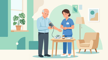 Fototapeta premium Nurse checks elderly man's blood pressure at home, health checkup, medical care