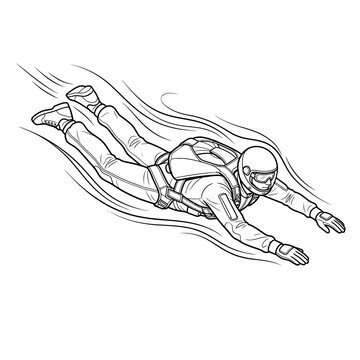 Skydiver in freefall position with gear black and white line art