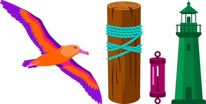 Nautical Maritime and Coastal Wildlife Vector Illustration Set Featuring Flying Albatross Seabird Wooden Dock Cleat Piling Thermometer and Green Lighthouse