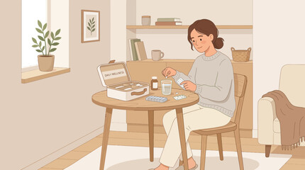 Fototapeta premium Woman taking medication from first aid kit at home, wellness concept