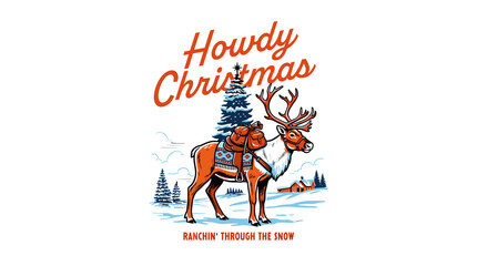 Vintage western cowboy Christmas reindeer with saddle and pine tree in snow, retro graphic illustration for t-shirt design and holiday branding. © brutalism studio