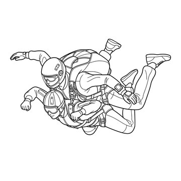 Tandem skydivers in freefall line art illustration