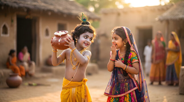 Shree Radha Rani with Bal Krishna in Vrindavan village illustration background wallpaper