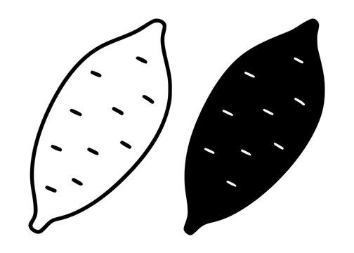Yam minimalist icon, black and white in outline and silhouette design
