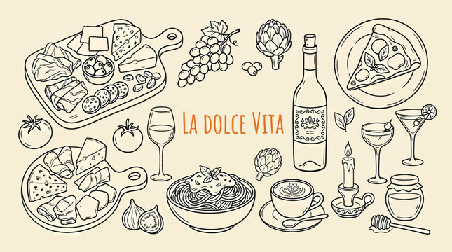 Hand drawn italian food and drink set with charcuterie boards, pizza, pasta, wine, coffee, and artichokes in a doodle style