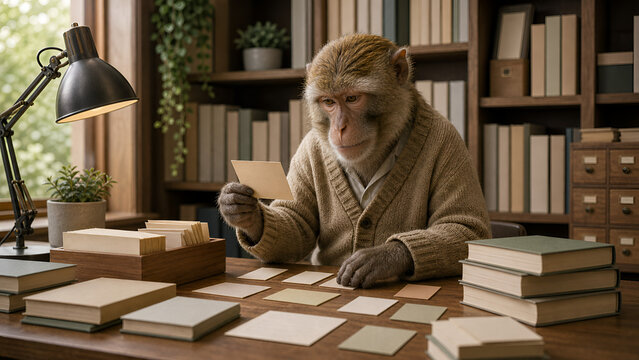 Photorealistic monkey in Library Knowledge Ideas Research concept