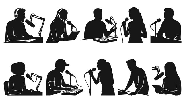 Radio Podcast Host Silhouette Collection Set Featuring Professional Broadcasters