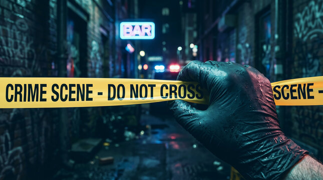 Crime scene with yellow police tape at nighttime collecting evidence for detective concepts