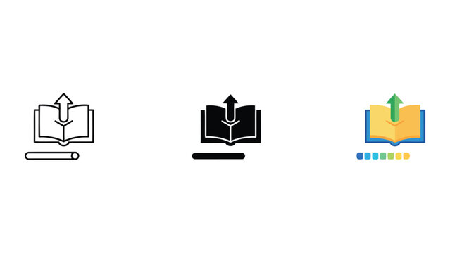 Open book with an upward arrow and a progress bar representing knowledge acquisition continuous learning and data upload vector icon set
