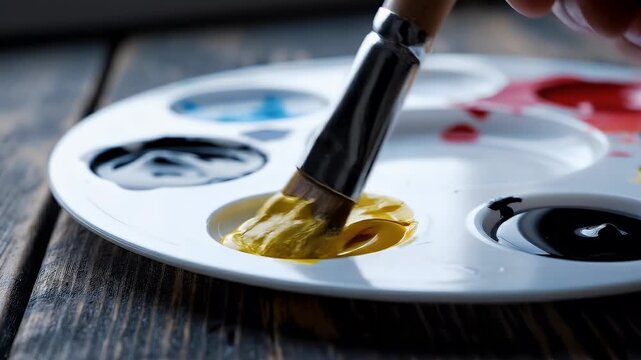 Paintbrush dipping into yellow paint on an art palette