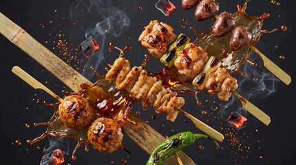 Dynamic Japanese yakitori chicken skewers with sauce splash and glowing embers.