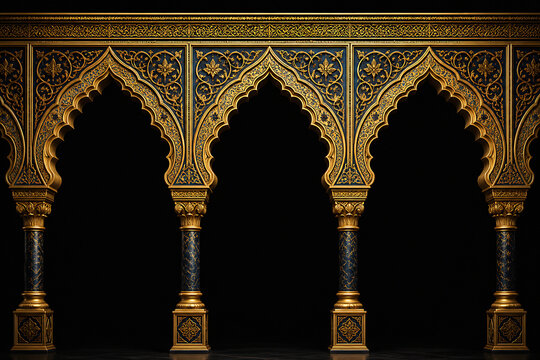 An ornate, golden architectural archway with intricate detailing stands against a black background.