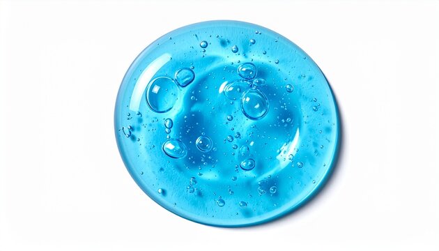 Blue gel slime with bubbles on white background, close-up of transparent jello-like texture