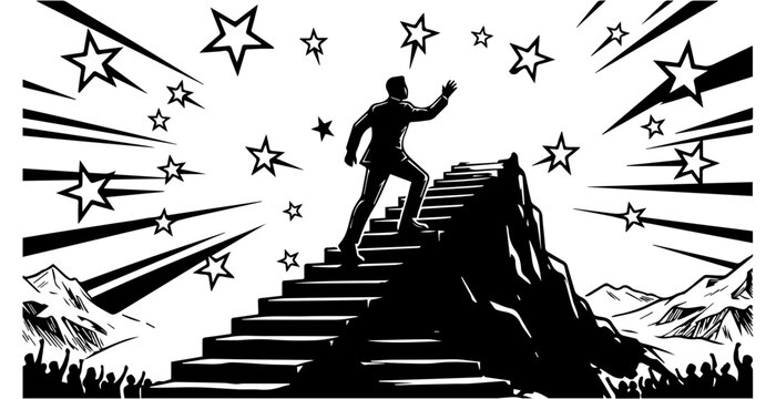 Person climbing stairs toward stars with fireworks