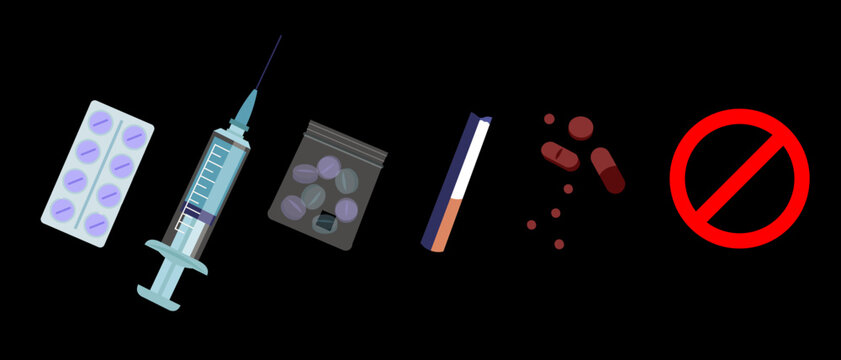 Drug abuse prevention concept featuring syringe, pills, narcotics and prohibition symbol on dark background promoting anti-drug awareness and healthy lifestyle choices