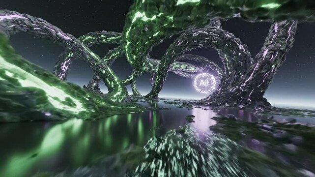 Surreal alien tunnel with glowing organic structures and AI symbol, representing a futuristic digital exploration journey