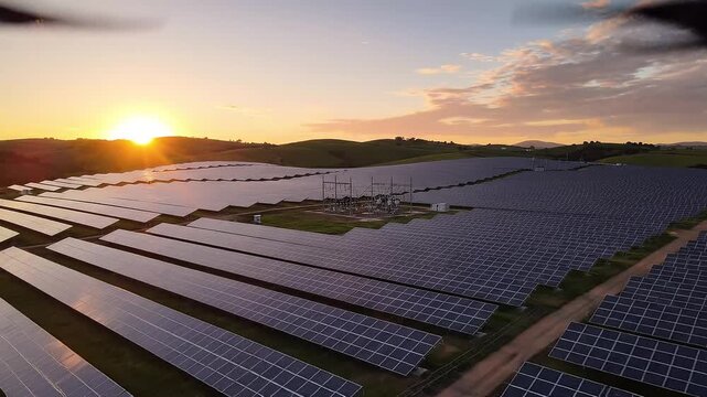 Expansive Solar Power Farm at Sunrise Featuring Renewable Energy Panels Generating Clean Electricity for a Sustainable Future and Green Technology Development.