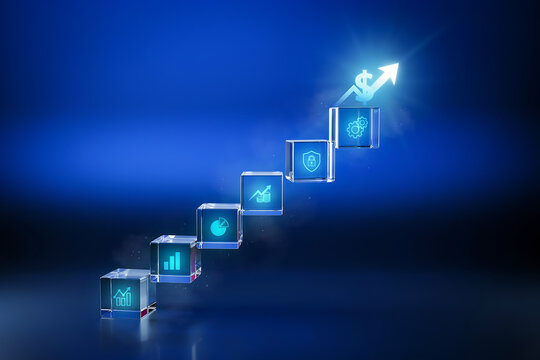 Financial growth graph with stacked glowing cube blocks showing business strategy icons and rising arrow for economic investment success development