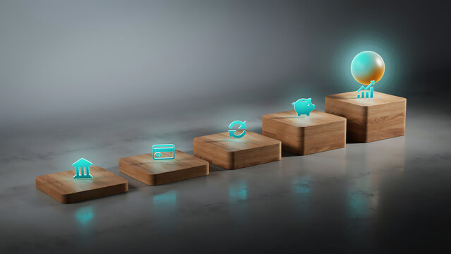 Wooden blocks arranged as rising steps with glowing digital financial icons leading up to a shining golden globe trophy.