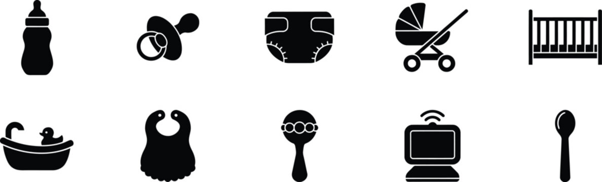 Black icons of baby and parenting related objects on white background