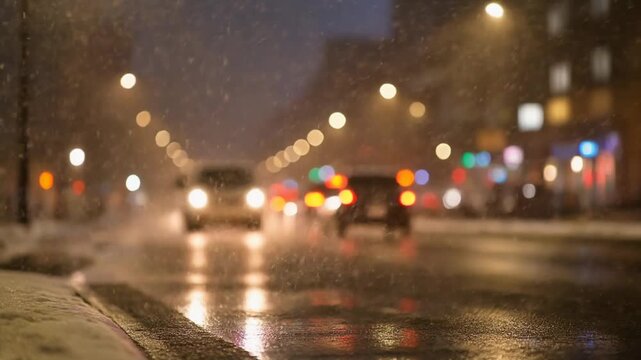 Urban Winter Night Street with Soft Snowfall and Blurred Red Car Tail Lights Full HD