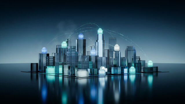 Futuristic digital smart city model with glowing lights and communication network arches reflecting on a dark glossy surface backdrop.