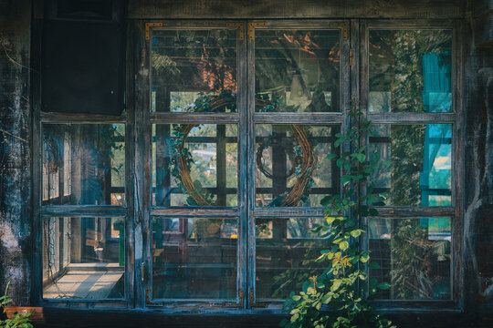 Vintage wooden window with natural greenery and rustic interior details creating a cozy atmosphere, charming garden view and nostalgic lifestyle background with warm natural light.