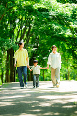 Fototapeta premium 手を繋いで公園を歩く三人家族